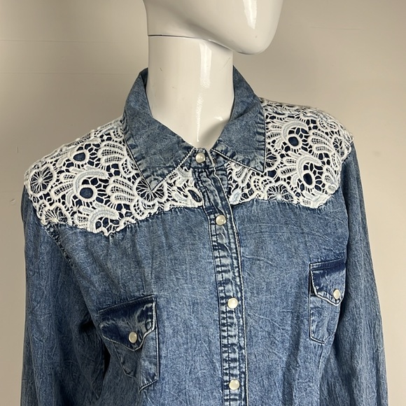 Rod’s Western Denim Lace Collar Button Down Shirt Top Size XL - Picture 3 of 10